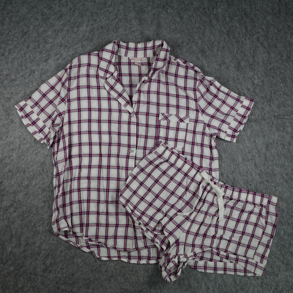 Victoria Secret Pajama Set Women Extra Large White Pink Plaid Top Shorts